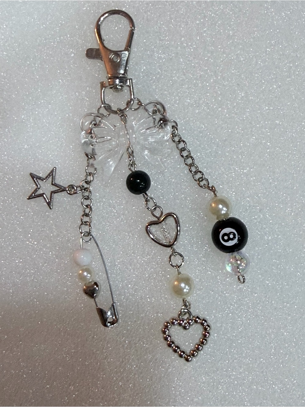 Silver-tone Black & Bow Charm Keychain with Hearts and Star